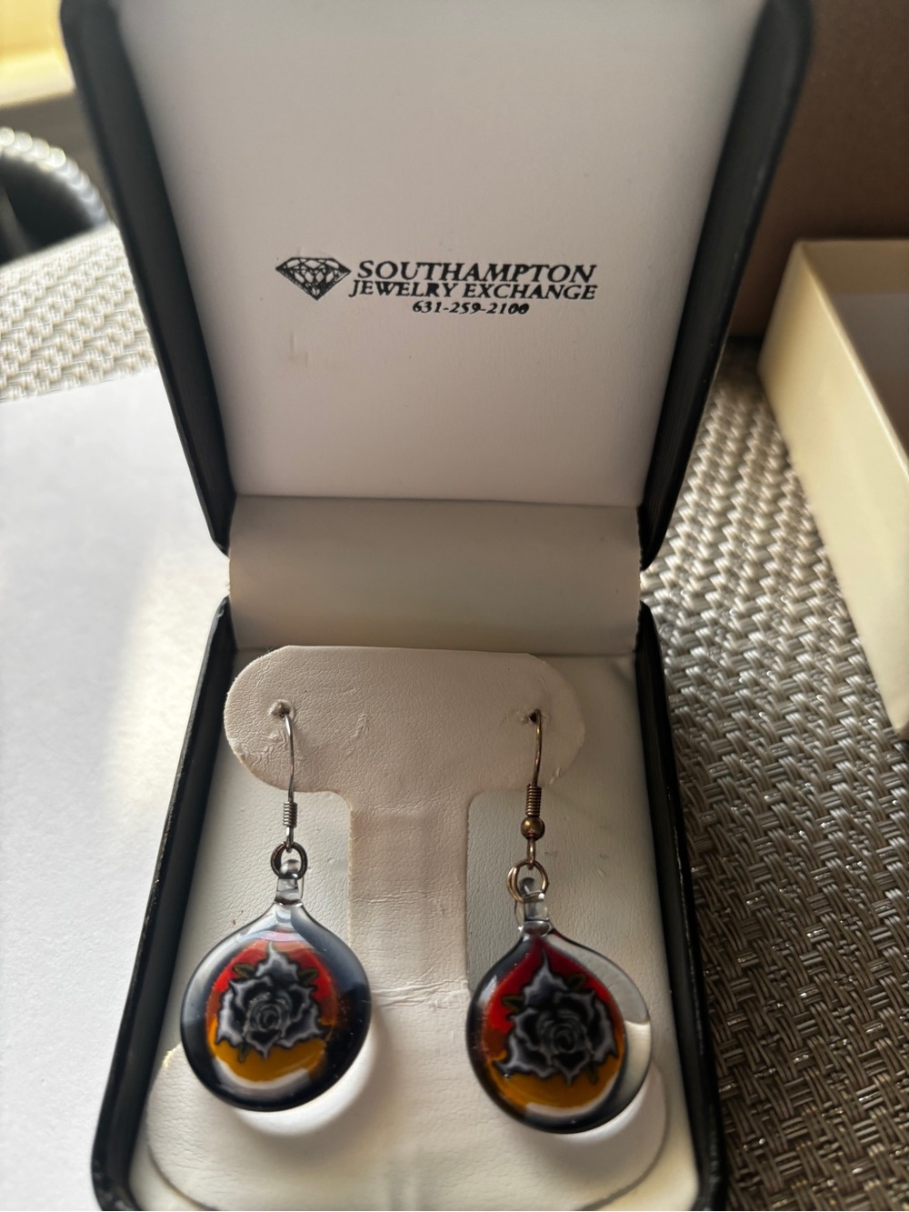 Teardrop Floral Glass Dangle Earrings - Red, Black & Yellow - Picture 2 of 5
